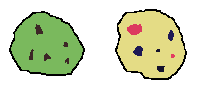 image showing crude drawing of a green cookie with chocolate chips and a blonde cookie with red/blue chunks.