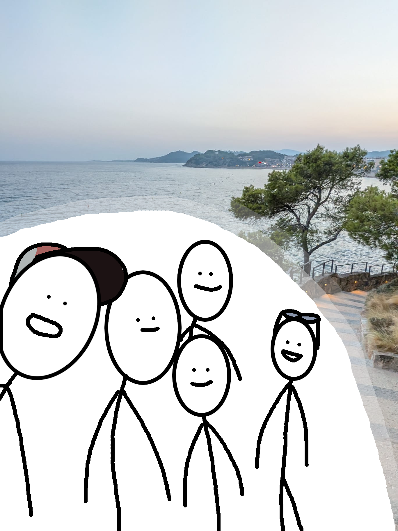 image showing a photo of a coastal landscape, the people posing have been replaced with stickmen.